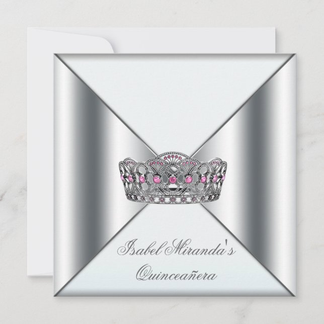 Vit Rosa Silver Tiara Quinceanera 15:e Party Inbjudningar (Framsida)