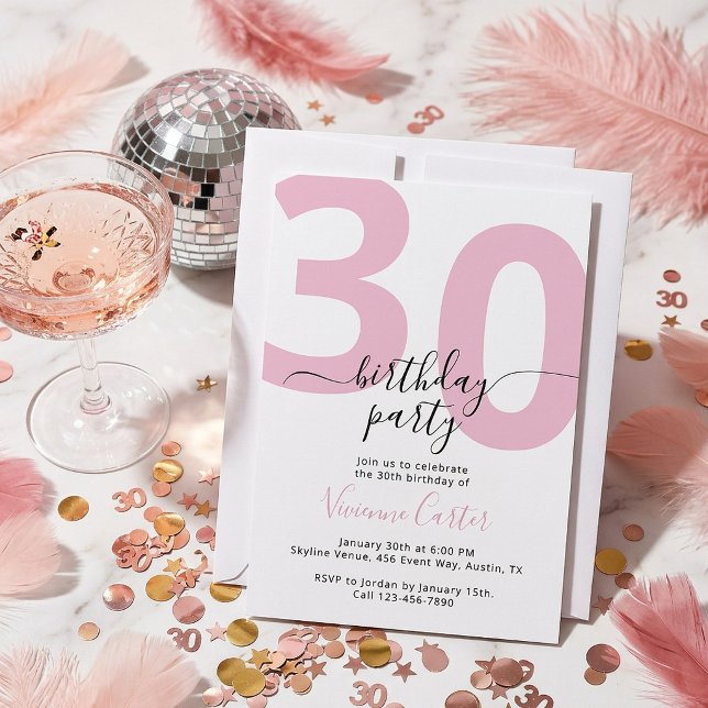 Vit Rosa Skrift 30-årsfest Inbjudningar (White Pink Script 30th Birthday Party Invitation)