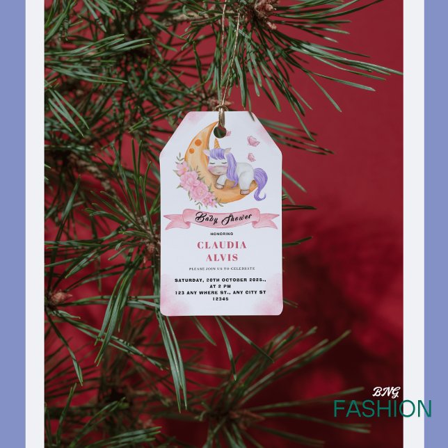 Vit Rosa Sovande Enhörning Över M Barnkalas Presentetikett (Skapare uppladdad)