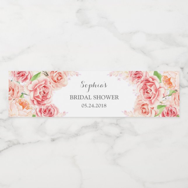 Vit Rosa Vattenfärgsblommor, Möhippa Vattenflaskor Etikett (Singel etikett)