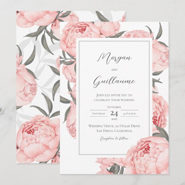 Vit Rosafärgad Akvarell Peony Blommig Bröllop  Inbjudningar (Fram/baksida)
