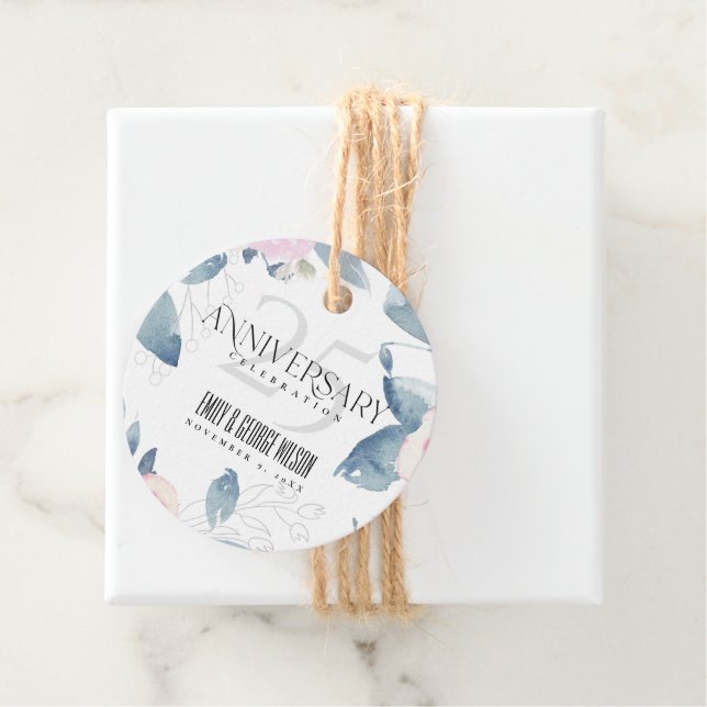 VIT ROSAFÄRGAD BLÅ BLOMSTER 25-ÅRSJUBILEUM GÅVOR ETIKETTER (På plats)