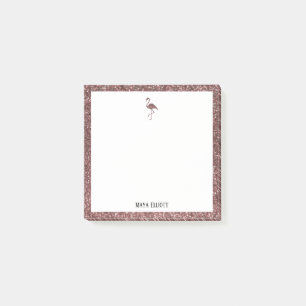 Vit + Roséguld Glitter Flamingo & Kant, Namn Post-it Block