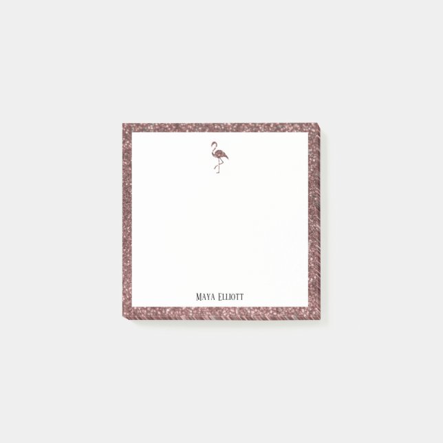Vit + Roséguld Glitter Flamingo & Kant, Namn Post-it Block (Framsida)