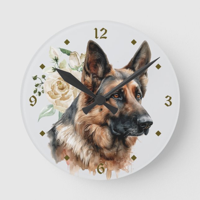 Vit rosenbukett tysk schäferhund rund klocka (Framsida)