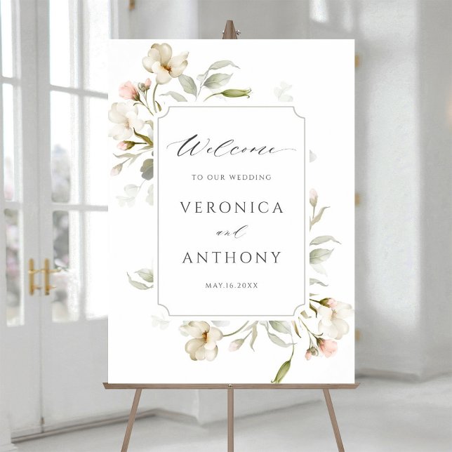 Vit Rosenskön Elegant Blommig Bröllopsväggskylt Poster (Skapare uppladdad)