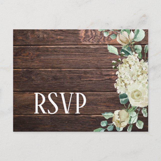Vit roshydrangea blommande mörkt trähustru RSVP Inbjudan Vykort (Framsida)