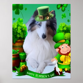 Vit Rough Collie firar St. Patrick's Day Poster
