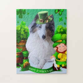 Vit Rough Collie som firar St. Patrick's Day Pussel