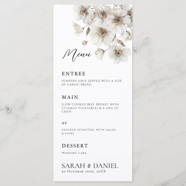 Vit Rustic Flower Elegant bröllop Meny (Framsida)
