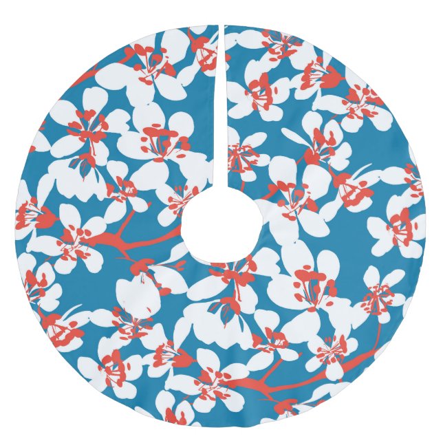 Vit sakura, klassisk blå bakgrund mönster. julgransmatta borstad polyester (Framsidan)