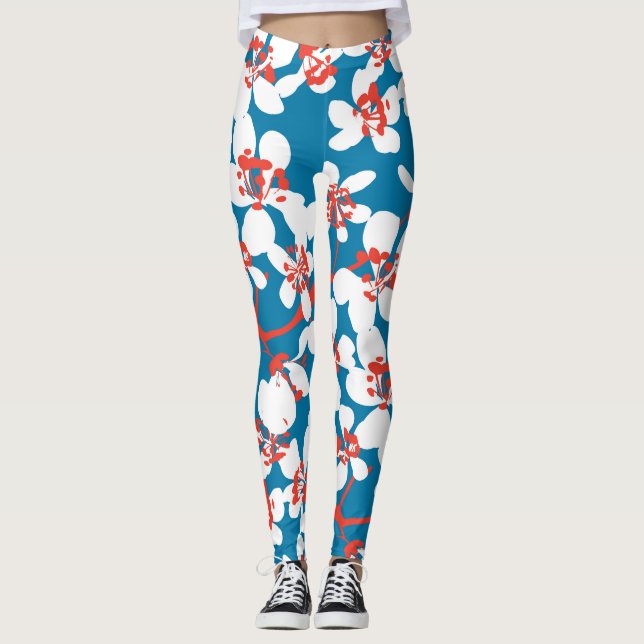 Vit sakura, klassisk blå bakgrund mönster. leggings (Framsida)