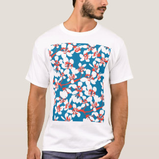 Vit sakura, klassisk blå bakgrund mönster. t shirt