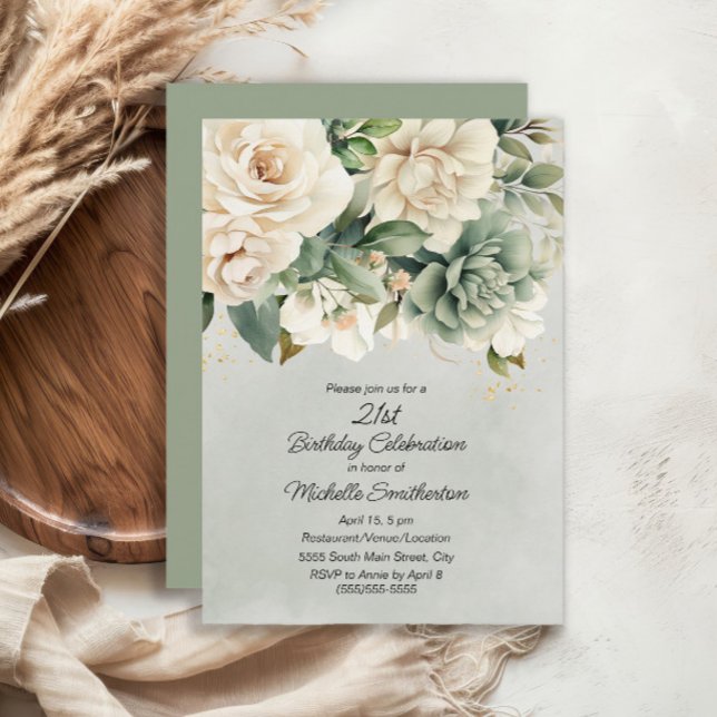 Vit Salvia Grön Blommig Guld 21-årsdag Inbjudningar (White and sage green floral 21st birthday invitation)