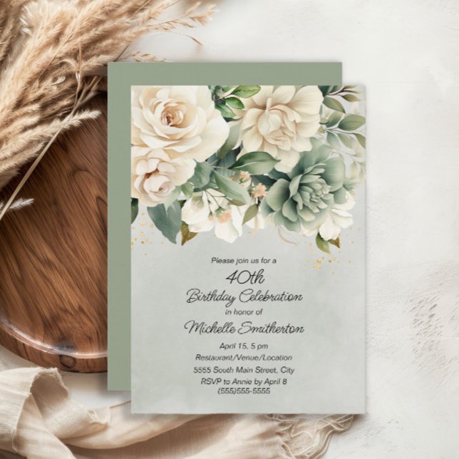 Vit Salvia Grön Blommig Guld 40-årsdag Inbjudningar (White and sage green floral 40th birthday party invitation)