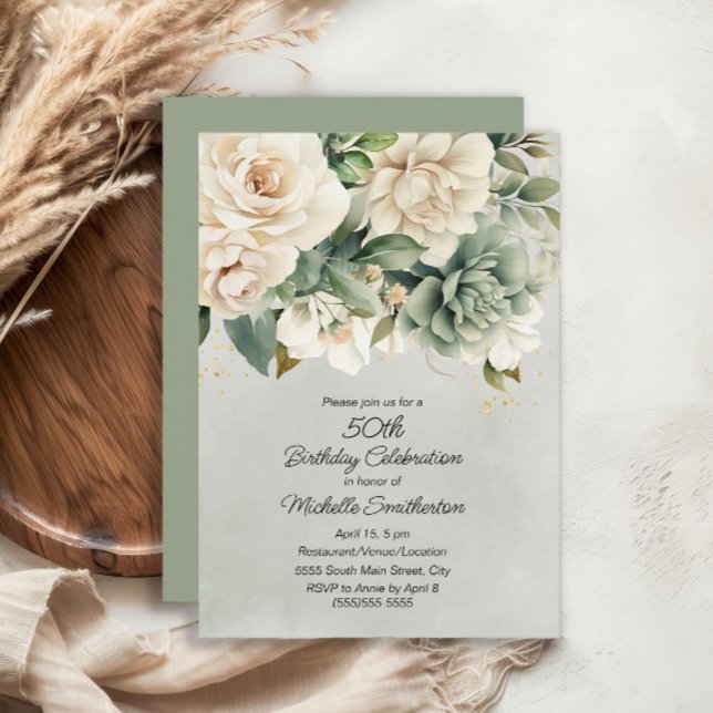 Vit Salvia Grön Blommig Guld 50-årsdag Inbjudningar (White and sage green floral 50th birthday invitation)