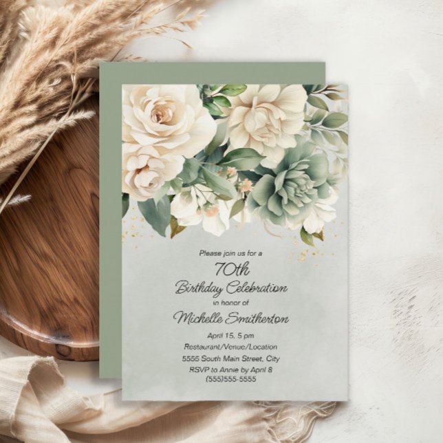 Vit Salvia Grön Blommig Guld 70-årsdag Inbjudningar (White and sage green floral 70th birthday invitation)