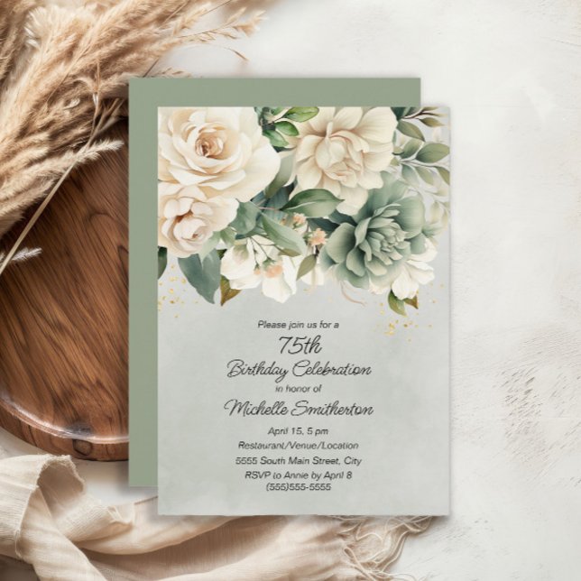 Vit Salvia Grön Blommig Guld 75-årsdag Inbjudningar (White and sage green floral 75th birthday party invitation)