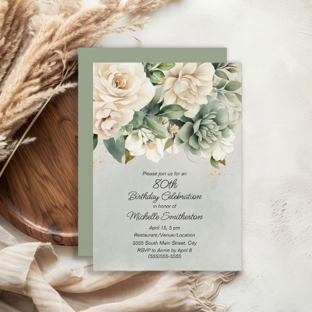Vit Salvia Grön Blommig Guld 80-årsdag Inbjudningar (White floral on sage green 80th birthday party invitation)