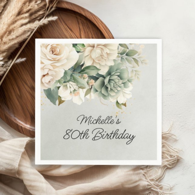 Vit Salvia Grön Blommig Guld 80-årsdag Pappersservett (White and sage green watercolor floral birthday party paper napkins)