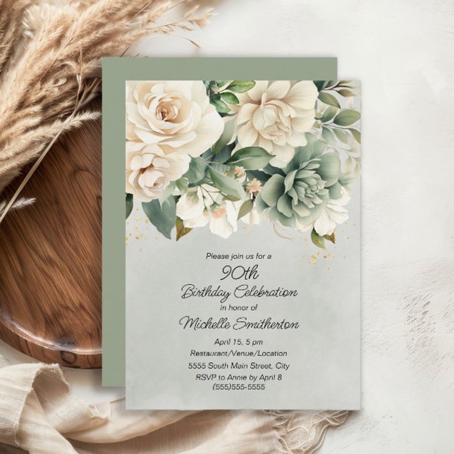 Vit Salvia Grön Blommig Guld 90-årsdag Inbjudningar (White and sage green floral 90th birthday party invitation)