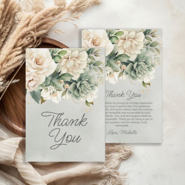 Vit Salvia Grön Blommig Guld Födelsedags Tack Kort (Elegant white and sage green floral birthday party "Thank You" card)