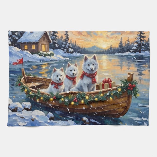 Vit Samoyed julbåt semester Kökshandduk (Horisontell)
