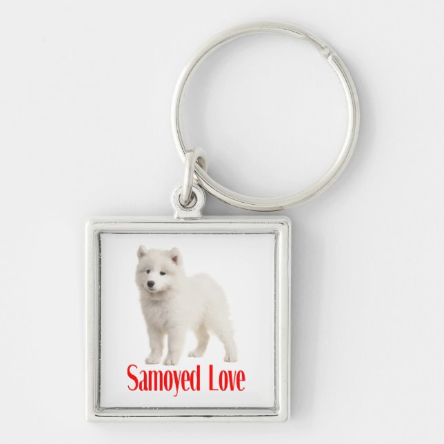 Vit Samoyed Valp Hund Kärlek Fyrkantig Silverfärgad Nyckelring (Framsidan)