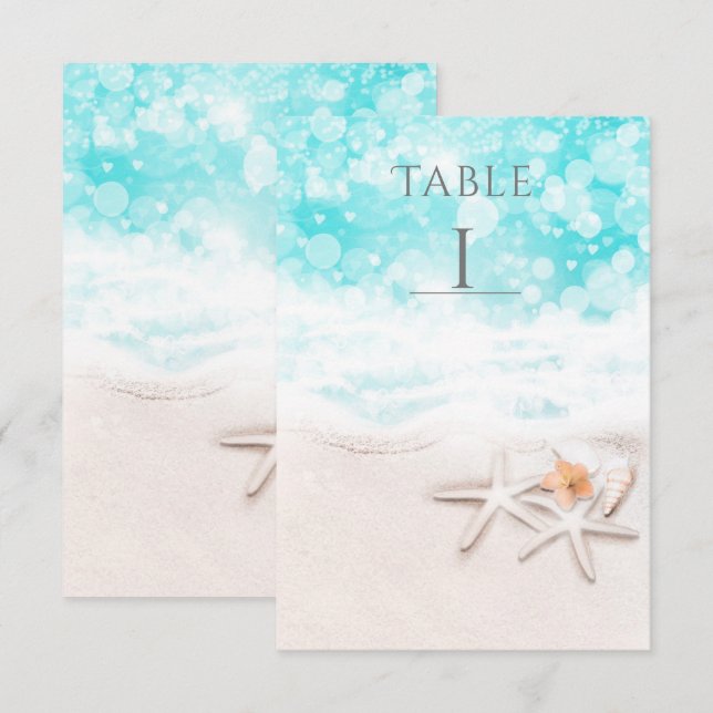 Vit sandstrand sjöstjärna blå hav bord nummer inbjudningar (Fram/baksida)