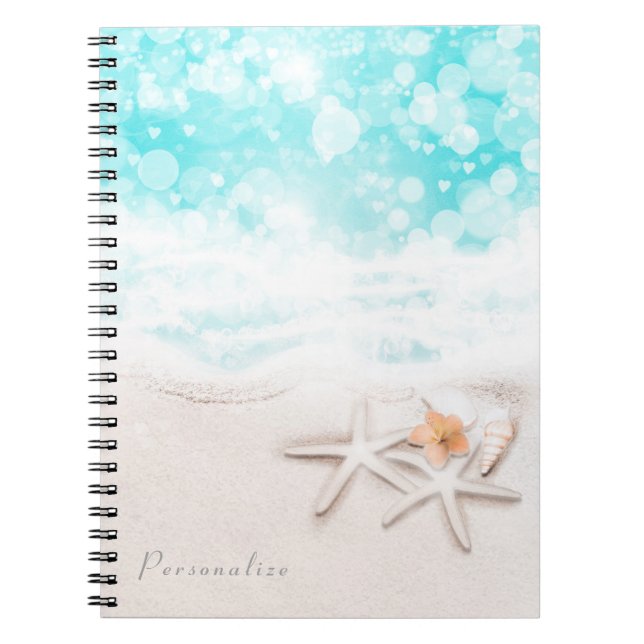 Vit Sandy Beach Starfish Blue Ocean Tropcial Anteckningsbok Med Spiral (Framsidan)