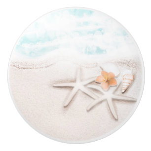 Vit Sandy Beach Starfish Blue Ocean Tropical Knopp