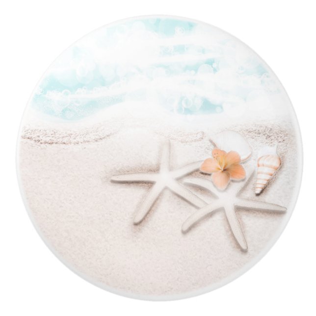 Vit Sandy Beach Starfish Blue Ocean Tropical Knopp (Framsidan)