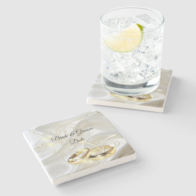 Vit satatin och guld design Bröllop Stenunderlägg (Sidan)