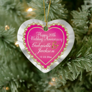 Vit satatin och Rosa Heart Bröllop Keepsakin Ceram Julgransprydnad Keramik