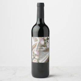 Vit Satin med Rosor och Peony Bröllop Vinflaska Etikett