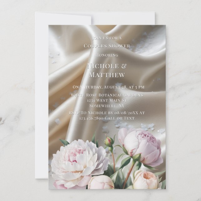 Vit Satin med Rosor och Peony Par Bröllopsdusch Inbjudningar (Framsida)