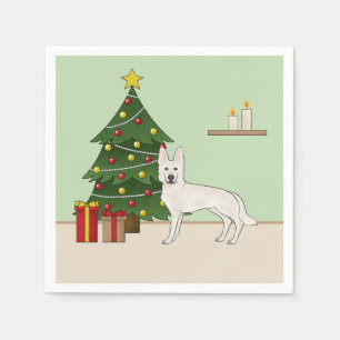 Vit schäferhund GSD Hund Grön julgran Pappersservett