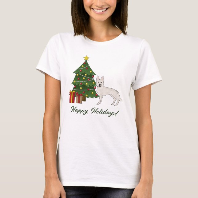 Vit schweizisk herdehund GSD hund grön julgran T Shirt (Framsida)