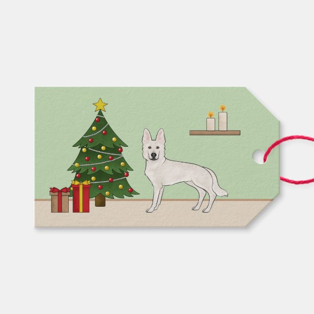 Vit schweizisk herdehund Julgran Presentetikett (Framsidan (Horisontell))