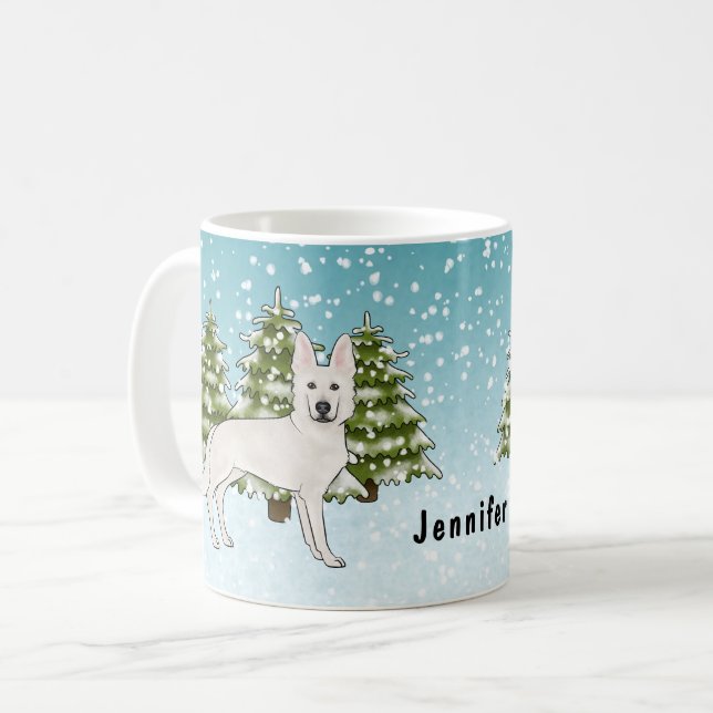 Vit schweizisk herdehund Vit GSD Hund Vinter Skog Kaffemugg (Framsida vänster)
