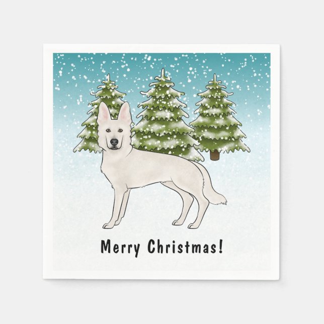 Vit schweizisk herdehund Vit GSD Hund Vinter Skog Pappersservett (Framsidan)