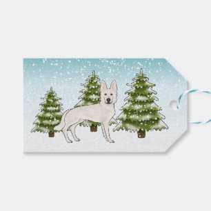 Vit schweizisk herdehund Vit GSD Hund Vinter Skog Presentetikett