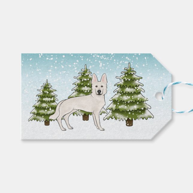 Vit schweizisk herdehund Vit GSD Hund Vinter Skog Presentetikett (Framsidan (Horisontell))