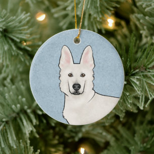 Vit schweizisk herdehund Vit GSD söt hundhuvud Blå Julgransprydnad Keramik