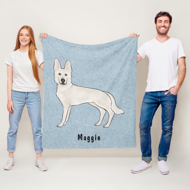 Vit schweizisk herdehund Vit GSD Tecknad hund Blå Fleecefilt (På plats)