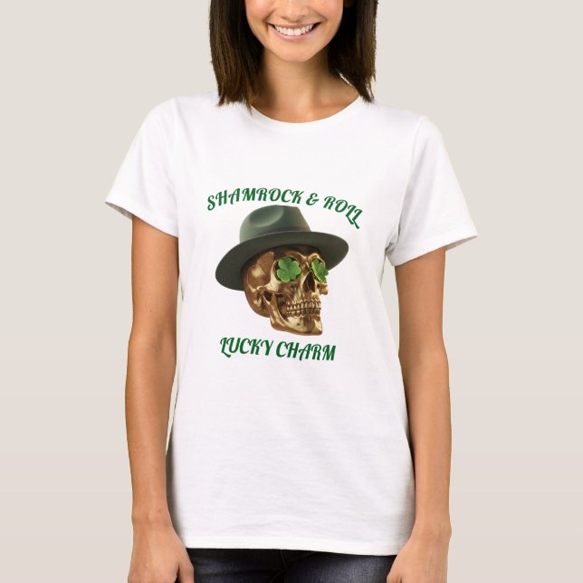 Vit Shamrock Skalle Leprechaun St Patrick T-Shirt (Framsida)