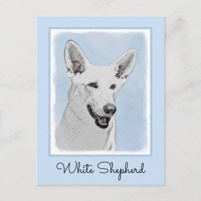 Vit Shepherd-målning - Söt Original Hundkonst Vykort (Framsida)