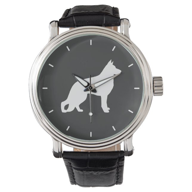 Vit silhuett av tysk schäferhund armbandsur (Framsida)