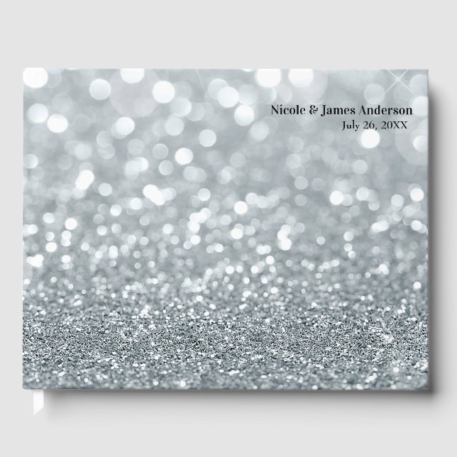 Vit Silver Glitter Bokeh Glam Gnistrande Bröllop Gästböcker (Framsida)