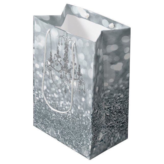 Vit Silver Glitter Bokeh Glamör Kristallkrona Gnis (Framsidan Vinklad)